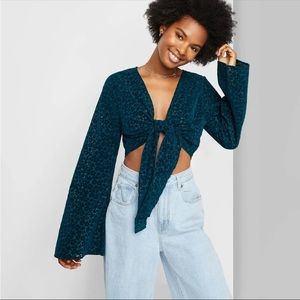 Wild Fable brand Teal Velvet Floral Cropped Tie Front Bell Sleeve Top ✨